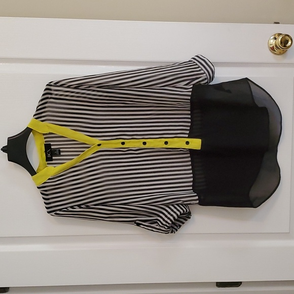 BCX Sheer Top, Size S, Long Sleeves, Striped Black&White with Yellow Detail. - Picture 4 of 12